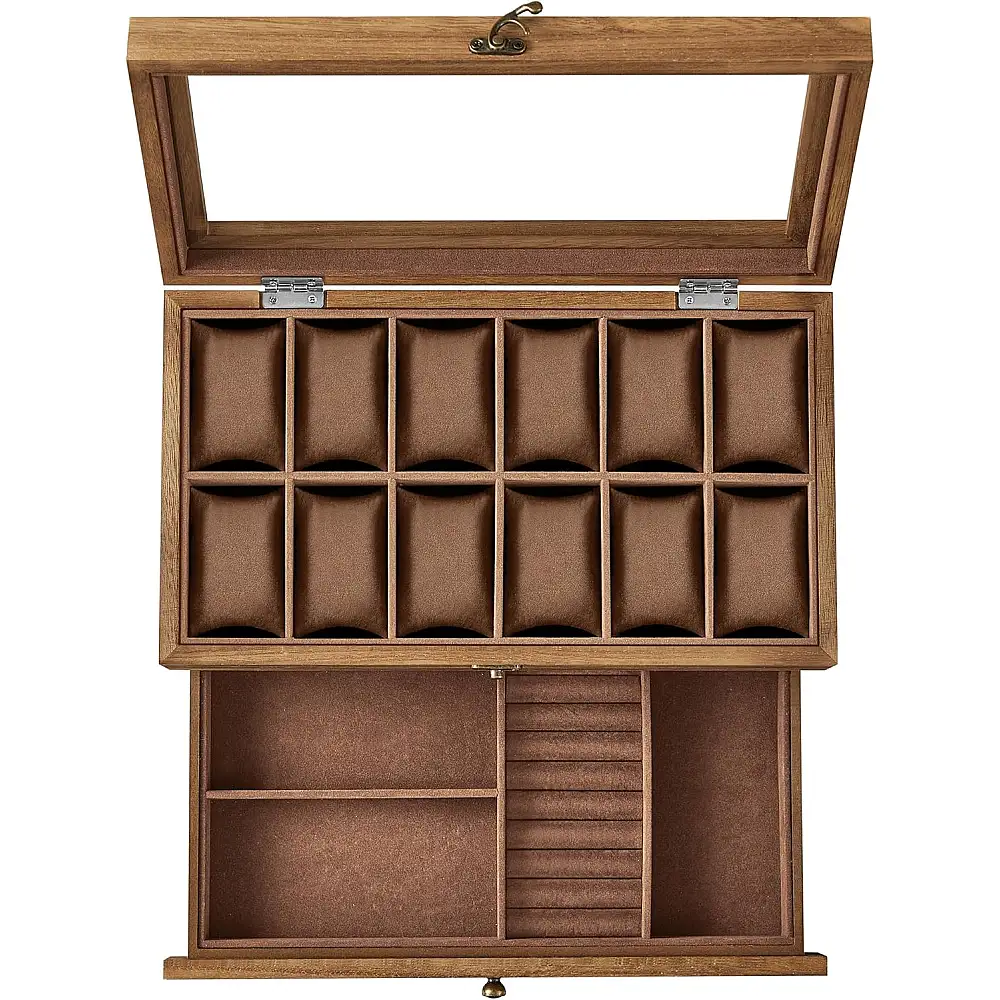 SONGMICS Ξύλινη Θήκη Ρολογιών 12 Θέσεων 34x19x12.5cm με Γυάλινο Καπάκι και Κοσμηματοθήκη JOW012K01