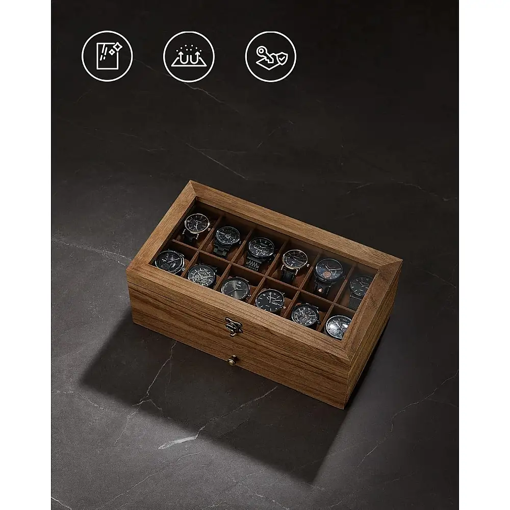 SONGMICS Ξύλινη Θήκη Ρολογιών 12 Θέσεων 34x19x12.5cm με Γυάλινο Καπάκι και Κοσμηματοθήκη JOW012K01