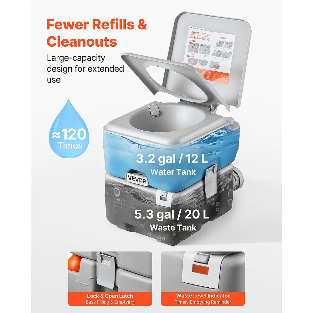 VEVOR Φορητή Τουαλέτα 20Λ, Αποσπώμενη Δεξαμενή, Ένδειξη Στάθμης, 120 Χρήσεις, Μεταφορά & Αποθήκευση DCXBXSMT53GAB3YT1001V0