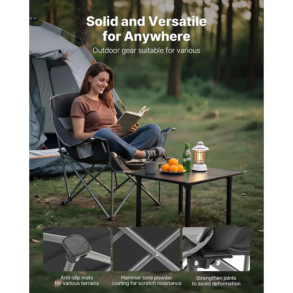 VEVOR Υπερμεγέθη Καρέκλα Κατασκήνωσης 204kg, Βαρέως Τύπου, Φορητή Πτυσσόμενη με Θήκες για Ποτήρια & Κρασί, Μαύρο & Γκρι HWZDYXDXYLYSOKSV5001V0