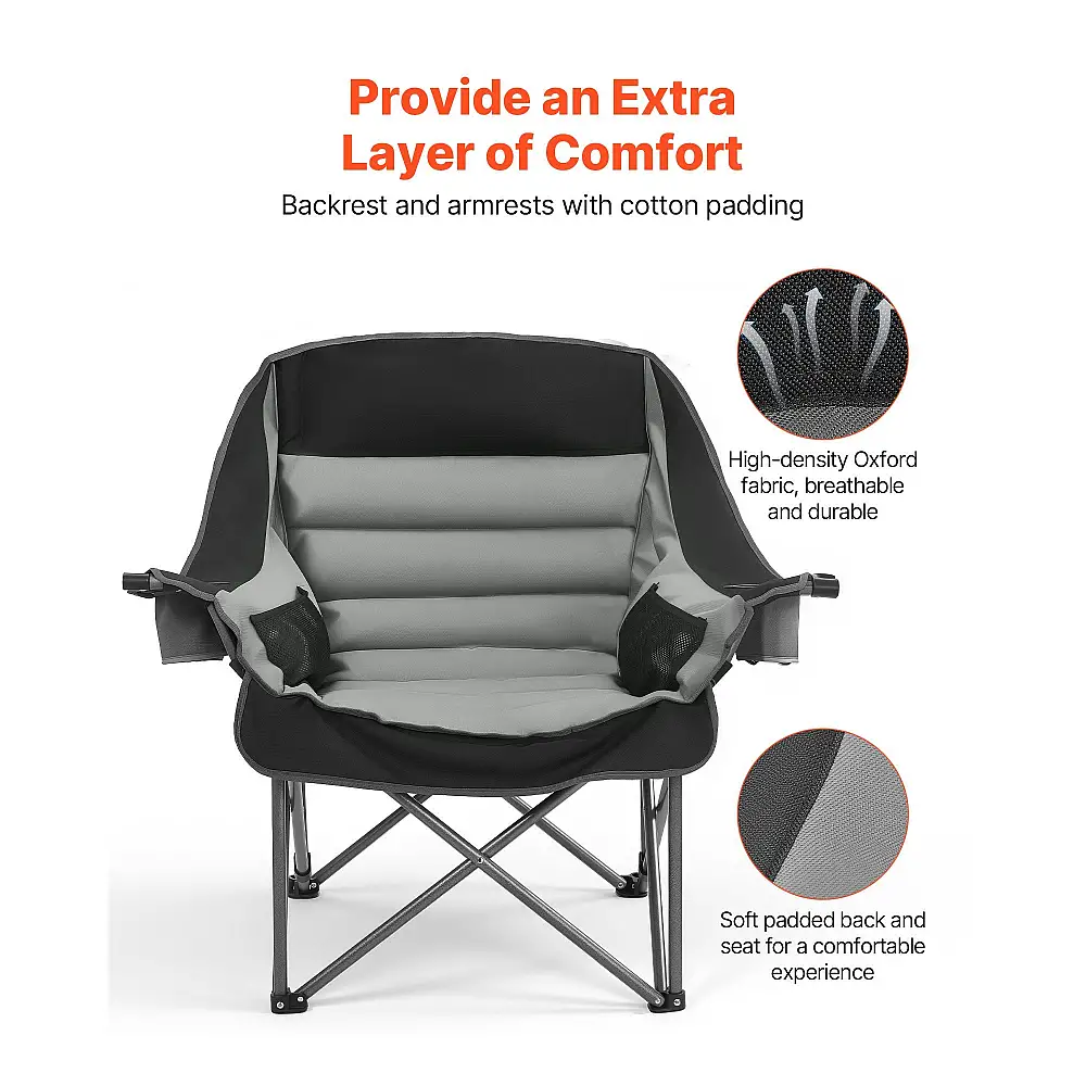VEVOR Υπερμεγέθη Καρέκλα Κατασκήνωσης 204kg, Βαρέως Τύπου, Φορητή Πτυσσόμενη με Θήκες για Ποτήρια & Κρασί, Μαύρο & Γκρι HWZDYXDXYLYSOKSV5001V0