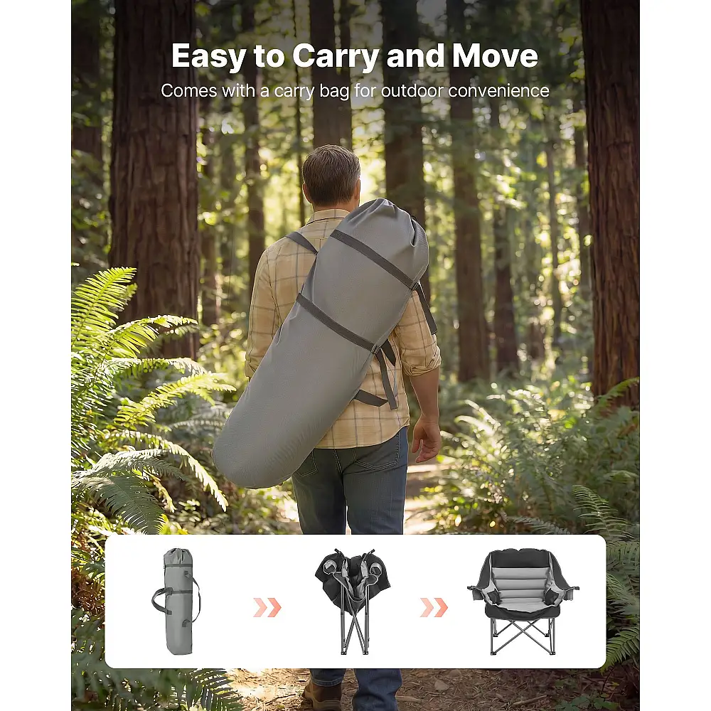 VEVOR Υπερμεγέθη Καρέκλα Κατασκήνωσης 204kg, Βαρέως Τύπου, Φορητή Πτυσσόμενη με Θήκες για Ποτήρια & Κρασί, Μαύρο & Γκρι HWZDYXDXYLYSOKSV5001V0