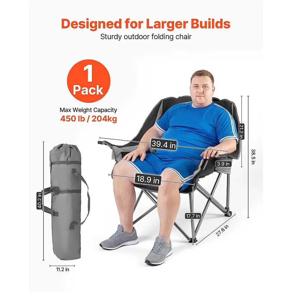 VEVOR Υπερμεγέθη Καρέκλα Κατασκήνωσης 204kg, Βαρέως Τύπου, Φορητή Πτυσσόμενη με Θήκες για Ποτήρια & Κρασί, Μαύρο & Γκρι HWZDYXDXYLYSOKSV5001V0