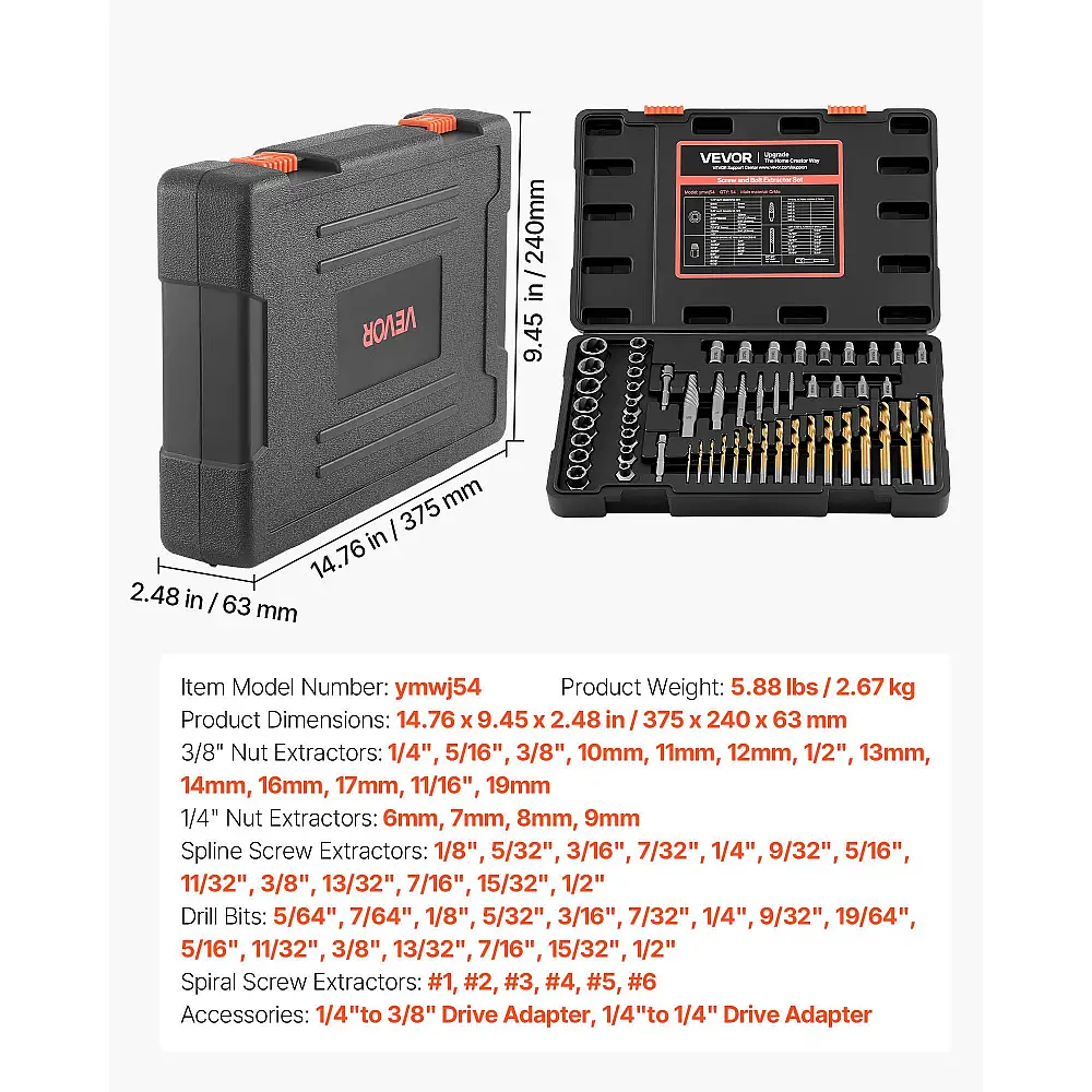 VEVOR Σετ Εξολκέων και Τρυπανιών - 54 Τεμάχια, Αφαιρεί Σπασμένες Βίδες και Παξιμάδια DGNTQQTZDGNTEAWM1001V0