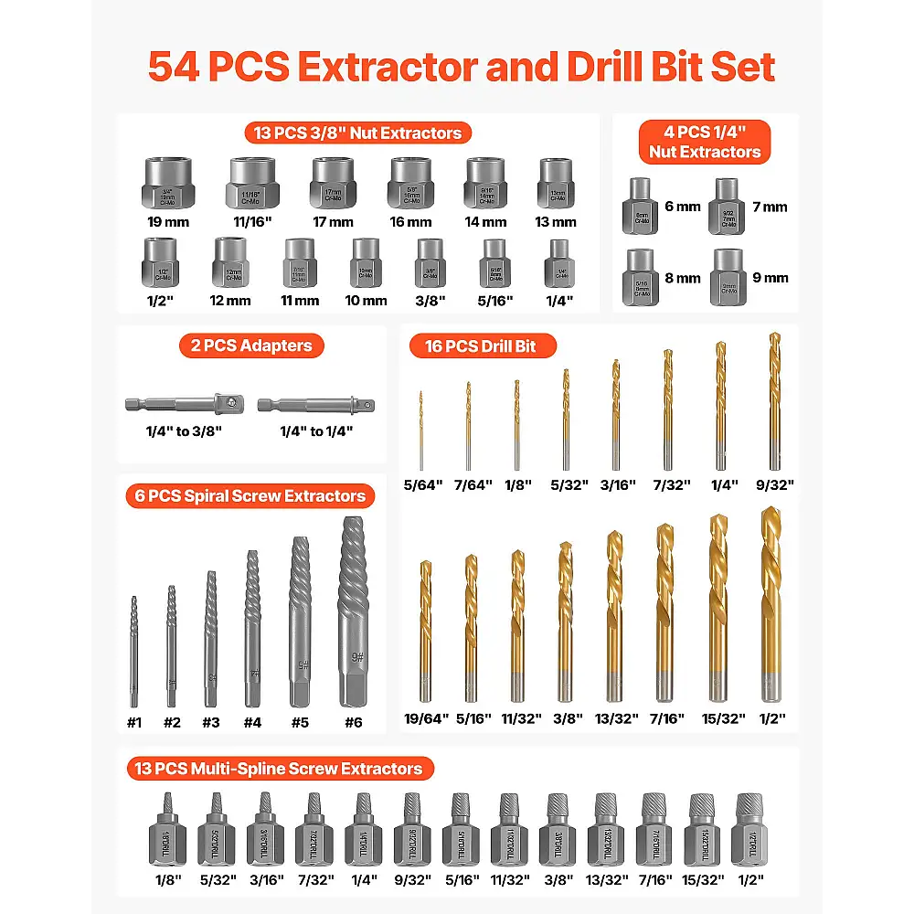 VEVOR Σετ Εξολκέων και Τρυπανιών - 54 Τεμάχια, Αφαιρεί Σπασμένες Βίδες και Παξιμάδια DGNTQQTZDGNTEAWM1001V0