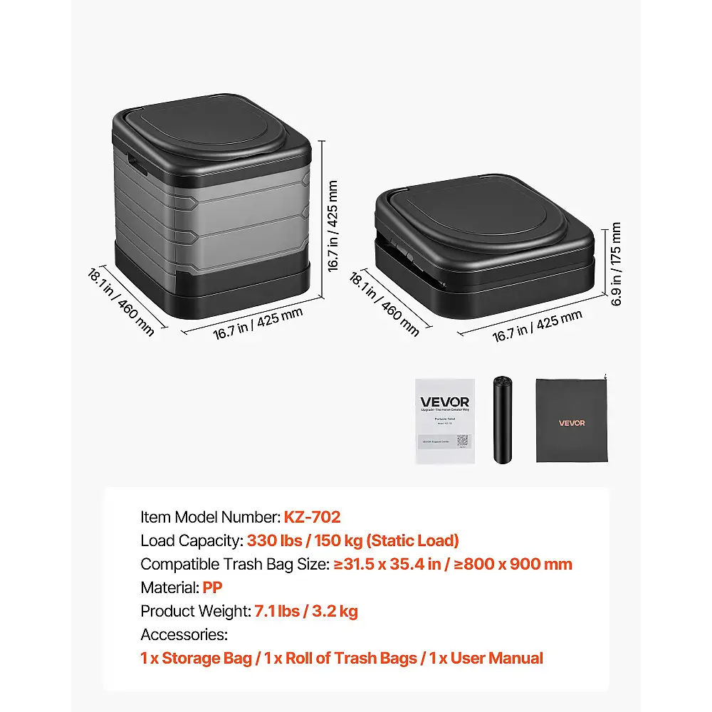 VEVOR Φορητή Τουαλέτα 150kg, Αναδιπλούμενη Τουαλέτα Κάμπινγκ με Τσάντα Μεταφοράς και Σακούλες Απορριμμάτων KZDBXSMTSLFX8WWHC001V0