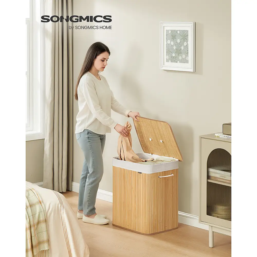 Songmics Καλάθι Απλύτων Μπαμπού με Καπάκι, 2 Θήκες, 120 Λίτρα, Πτυσσόμενο, με Αφαιρούμενο Πλενόμενο Σάκο και Χερούλια, Φυσικό Χρώμα LCB014Y01V1