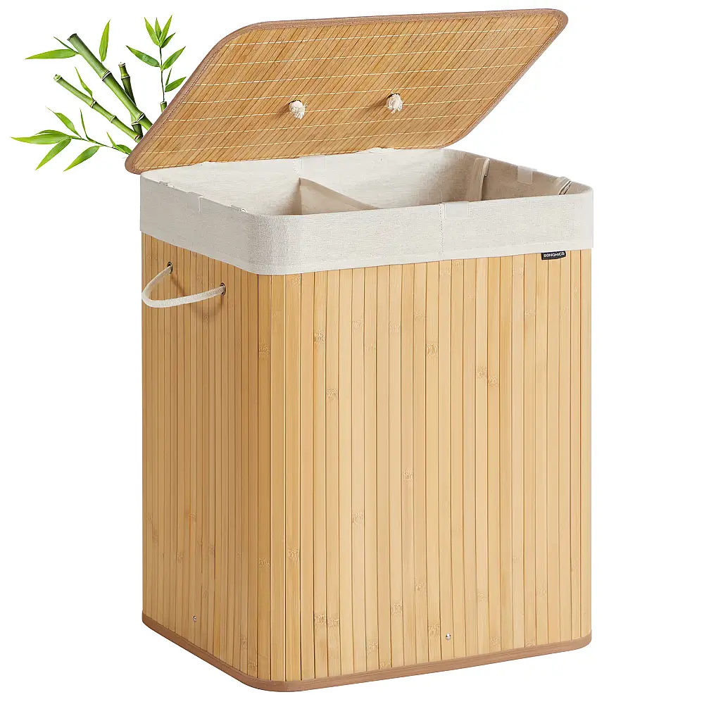 Songmics Καλάθι Απλύτων Μπαμπού με Καπάκι, 2 Θήκες, 120 Λίτρα, Πτυσσόμενο, με Αφαιρούμενο Πλενόμενο Σάκο και Χερούλια, Φυσικό Χρώμα LCB014Y01V1