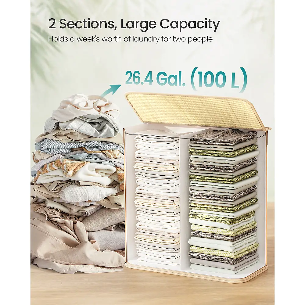 Songmics Καλάθι Απλύτων Μπαμπού 100 L με 2 Θήκες, Καπάκι και Αφαιρούμενη Πλενόμενη Εσωτερική Τσάντα, Φυσικό LCB074Y01V1