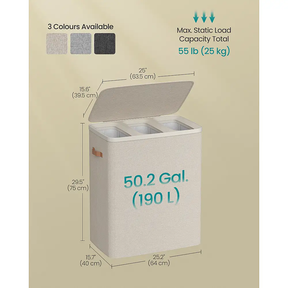 Songmics Καλάθι Απλύτων 190 L με 3 Χώρους, Καπάκι, Χερούλια και Αφαιρούμενους Σάκους, 64 x 40 x 75 εκ., Καπουτσίνο Μπεζ LCB814LH01