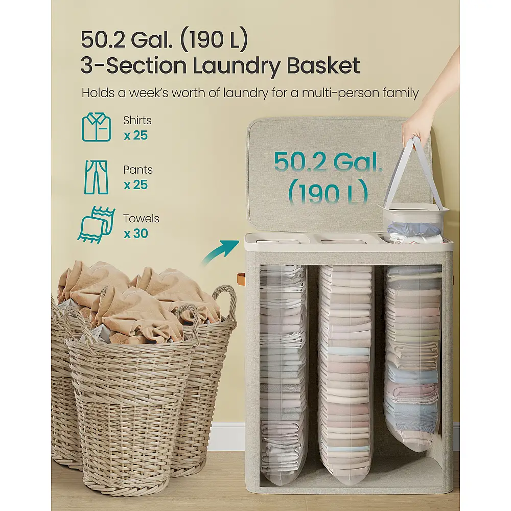 Songmics Καλάθι Απλύτων 190 L με 3 Χώρους, Καπάκι, Χερούλια και Αφαιρούμενους Σάκους, 64 x 40 x 75 εκ., Καπουτσίνο Μπεζ LCB814LH01