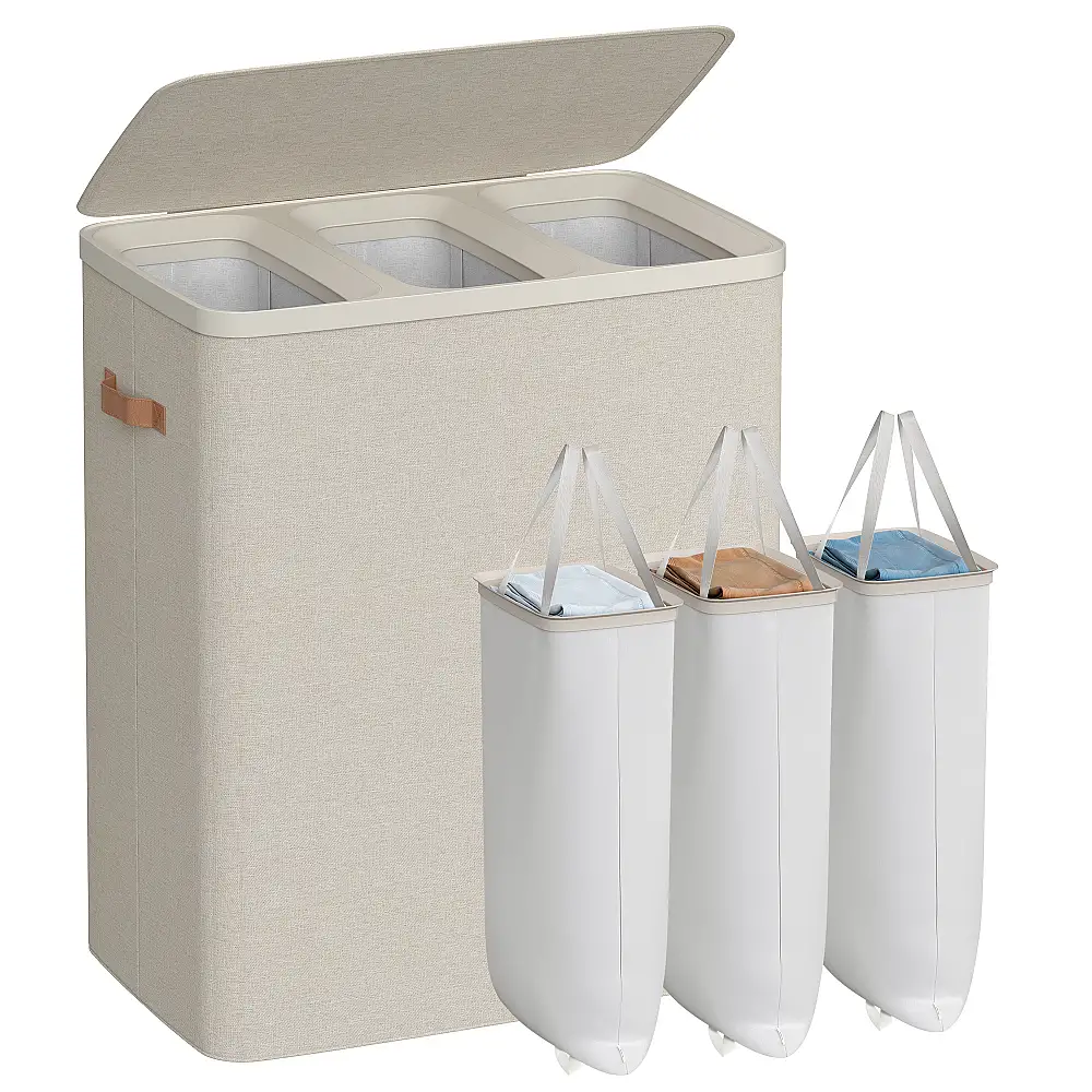 Songmics Καλάθι Απλύτων 190 L με 3 Χώρους, Καπάκι, Χερούλια και Αφαιρούμενους Σάκους, 64 x 40 x 75 εκ., Καπουτσίνο Μπεζ LCB814LH01