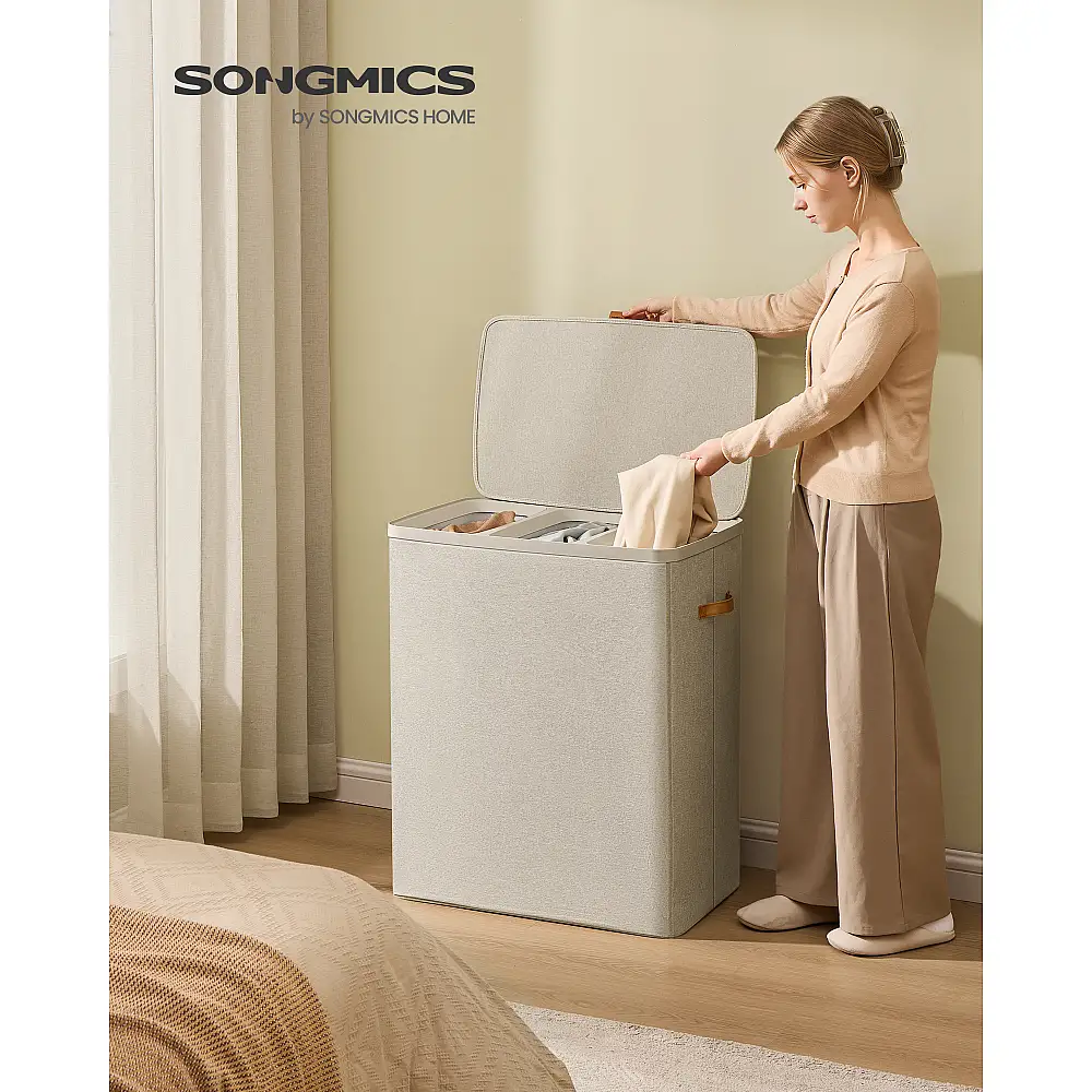 Songmics Καλάθι Απλύτων 190 L με 3 Χώρους, Καπάκι, Χερούλια και Αφαιρούμενους Σάκους, 64 x 40 x 75 εκ., Καπουτσίνο Μπεζ LCB814LH01