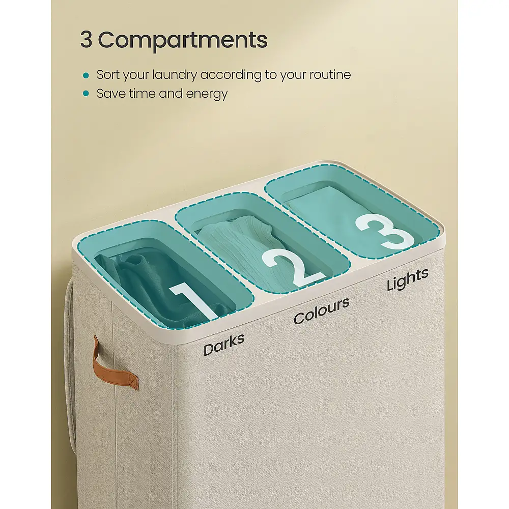 Songmics Καλάθι Απλύτων 190 L με 3 Χώρους, Καπάκι, Χερούλια και Αφαιρούμενους Σάκους, 64 x 40 x 75 εκ., Καπουτσίνο Μπεζ LCB814LH01