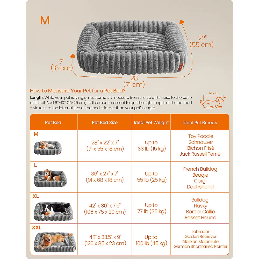 Feandrea Καναπές-κρεβάτι σκύλου για μεσαίους σκύλους, με μαλακή επένδυση, πλενόμενο, 71 x 55 x 18 εκ., γκρι PGW311GD01