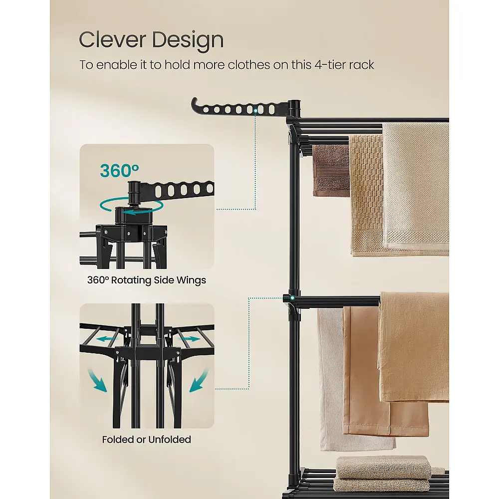 Songmics Πτυσσόμενη Απλώστρα Ρούχων 4 Επιπέδων με Ρόδες, Ανοξείδωτη, 173 εκ., Εύκολη Συναρμολόγηση, για Εσωτερικό και Εξωτερικό Χώρο, Μαύρη LLR701B01V3