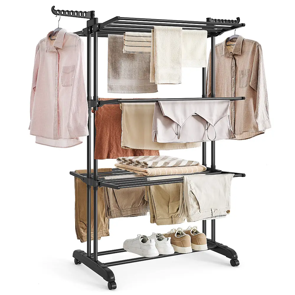 Songmics Πτυσσόμενη Απλώστρα Ρούχων 4 Επιπέδων με Ρόδες, Ανοξείδωτη, 173 εκ., Εύκολη Συναρμολόγηση, για Εσωτερικό και Εξωτερικό Χώρο, Μαύρη LLR701B01V3