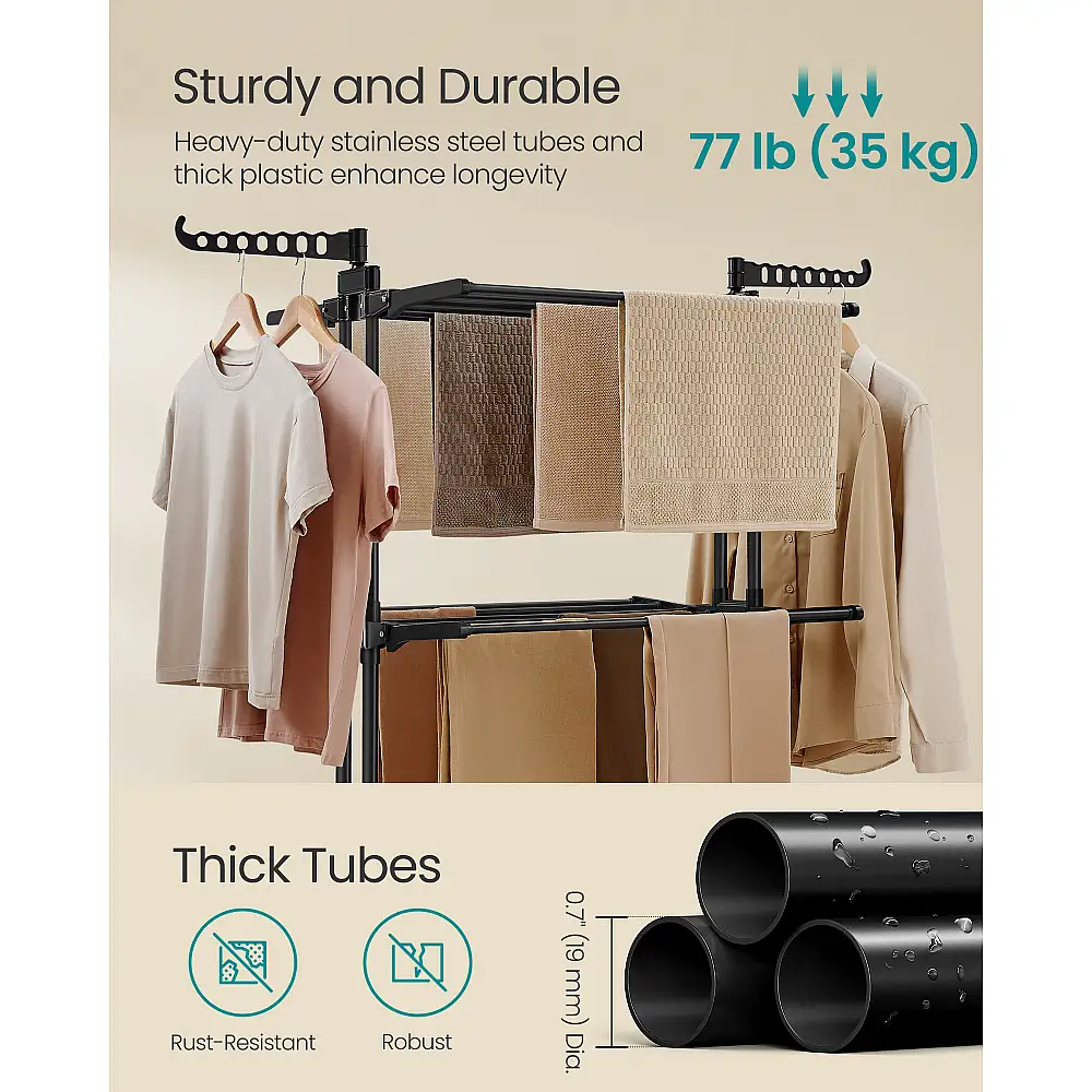 Songmics Πτυσσόμενη Απλώστρα Ρούχων 4 Επιπέδων με Ρόδες, Ανοξείδωτη, 173 εκ., Εύκολη Συναρμολόγηση, για Εσωτερικό και Εξωτερικό Χώρο, Μαύρη LLR701B01V3