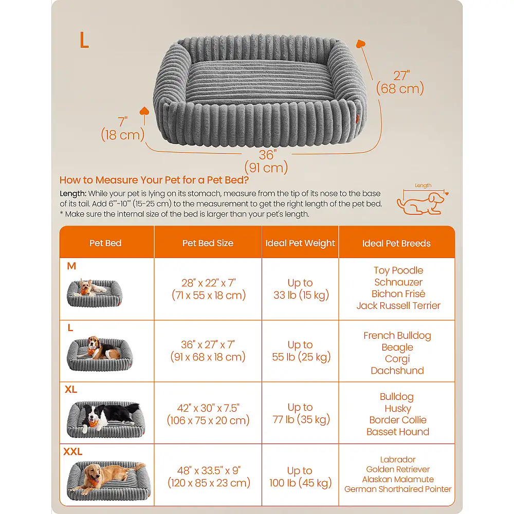 Feandrea Κρεβάτι-καναπές για μεγάλο σκύλο με μαλακή επένδυση, πλενόμενο, 91 x 68 x 18 εκ., γκρι περιστερί PGW312GD01