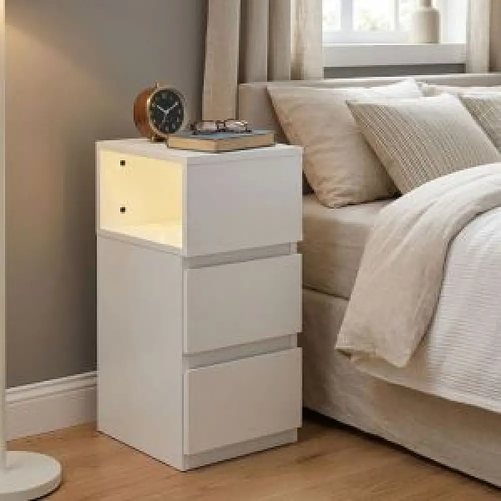 MODERNHOME Κομοδίνο με LED φωτισμό, λευκό, με 2 συρτάρια, για κρεβατοκάμαρα ModernHome TH-3TNS-5