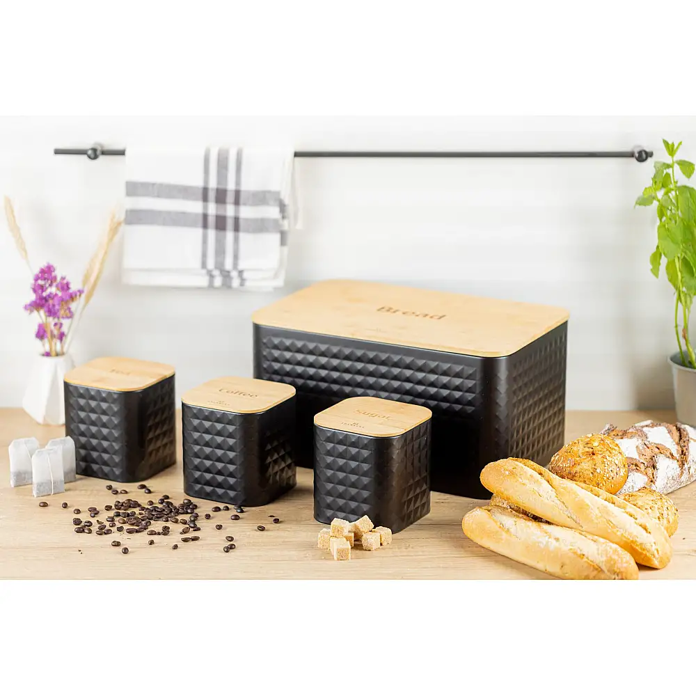 Edenberg Σετ Ψωμιέρα με Δοχεία Καφέ, Ζάχαρης και Τσάι 4 τμχ. από μπαμπού & ανοξείδωτο ατσάλι EB-161