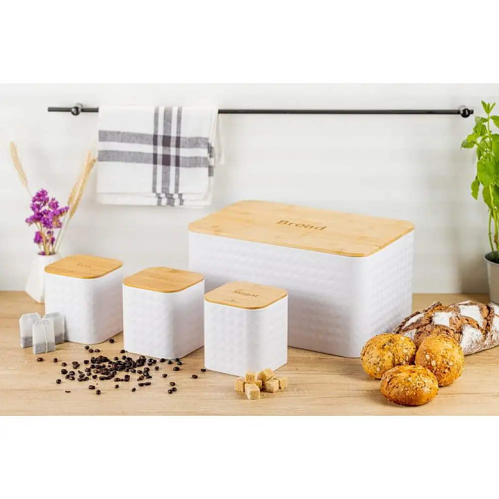 Edenberg Σετ Ψωμιέρα με Δοχεία Καφέ, Ζάχαρης και Τσάι 4 τμχ. από μπαμπού & ανοξείδωτο ατσάλι EB-162