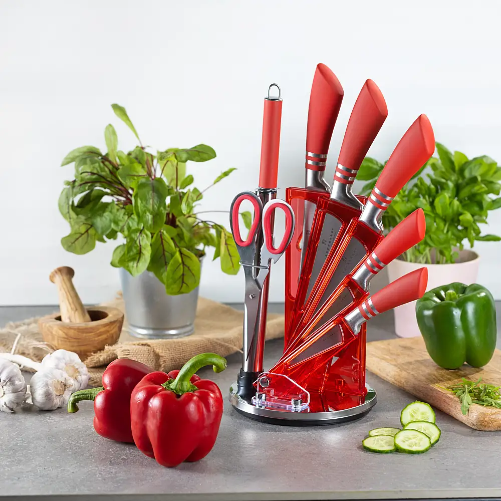 Edenberg Σετ 8τμχ μαχαίρια από Ανοξείδωτο Ατσάλι με Περιστρεφόμενη Βάση Στήριξης Κοκκίνο EB-907