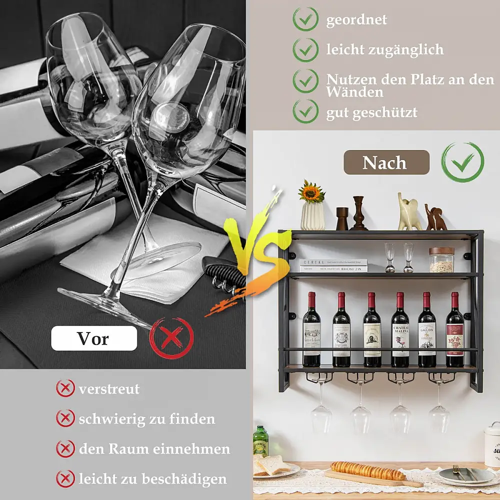 Costway Μεταλλική Ραφιέρα Κρασιού Με Γυαλοθήκη σε Βιομηχανικό Σχεδιασμό Rustikales Braun με 3 Επίπεδα JV13101