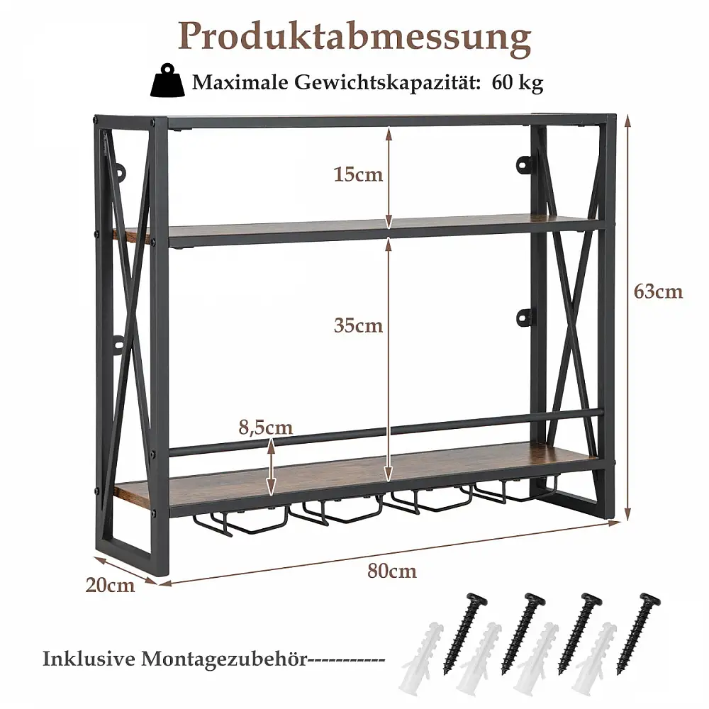 Costway Μεταλλική Ραφιέρα Κρασιού Με Γυαλοθήκη σε Βιομηχανικό Σχεδιασμό Rustikales Braun με 3 Επίπεδα JV13101