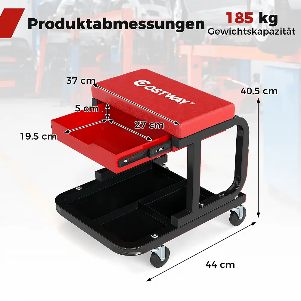 Costway Κυλιόμενος Εργαστηριακός Σκαμπό με Αντοχή 185 kg και Επενδυμένο Κάθισμα Μηχανικού με Συρτάρι σε Κόκκινο Χρώμα AU10054RE
