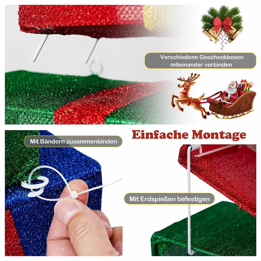 Costway Σετ από 4 Φωτιζόμενα Χριστουγεννιάτικα Κουτιά Δώρου με Πολύχρωμες Κορδέλες CM25232DE