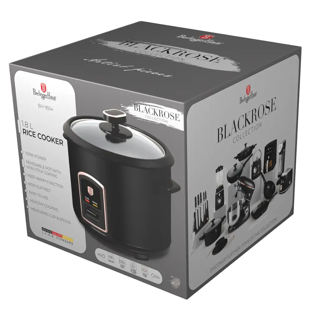 Berlinger Haus Παρασκευαστής Ρυζιού 700W Χωρητικότητας 1.8L, Black Rose Collection BH-9554