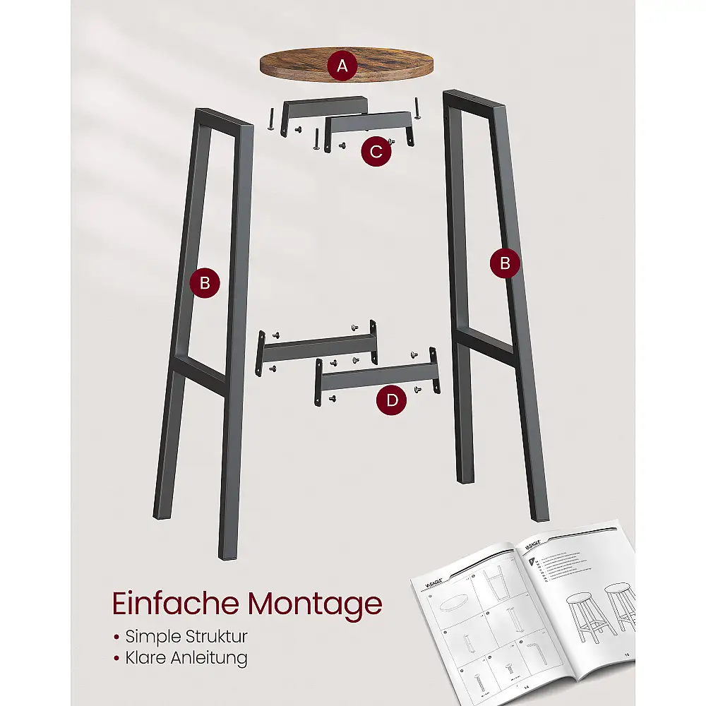 VASAGLE Σετ 2 σκαμπό μπαρ με μεταλλικό σκελετό και υποπόδιο, ύψος 74 εκ., rustic καφέ-μαύρο LBC132K01V1