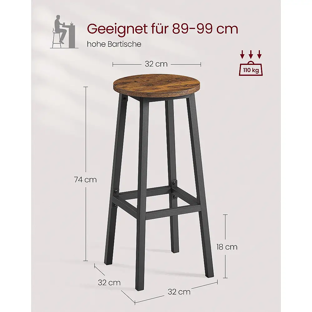 VASAGLE Σετ 2 σκαμπό μπαρ με μεταλλικό σκελετό και υποπόδιο, ύψος 74 εκ., rustic καφέ-μαύρο LBC132K01V1