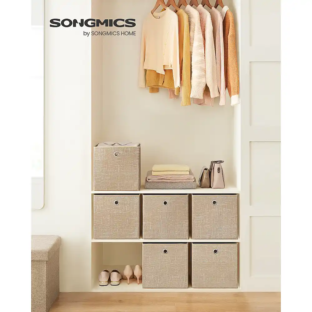 SONGMICS Σετ 6 υφασμάτινα κουτιά αποθήκευσης με χερούλια, 30 x 30 x 30 εκ., διπλούμενα, μπεζ RFB006K03