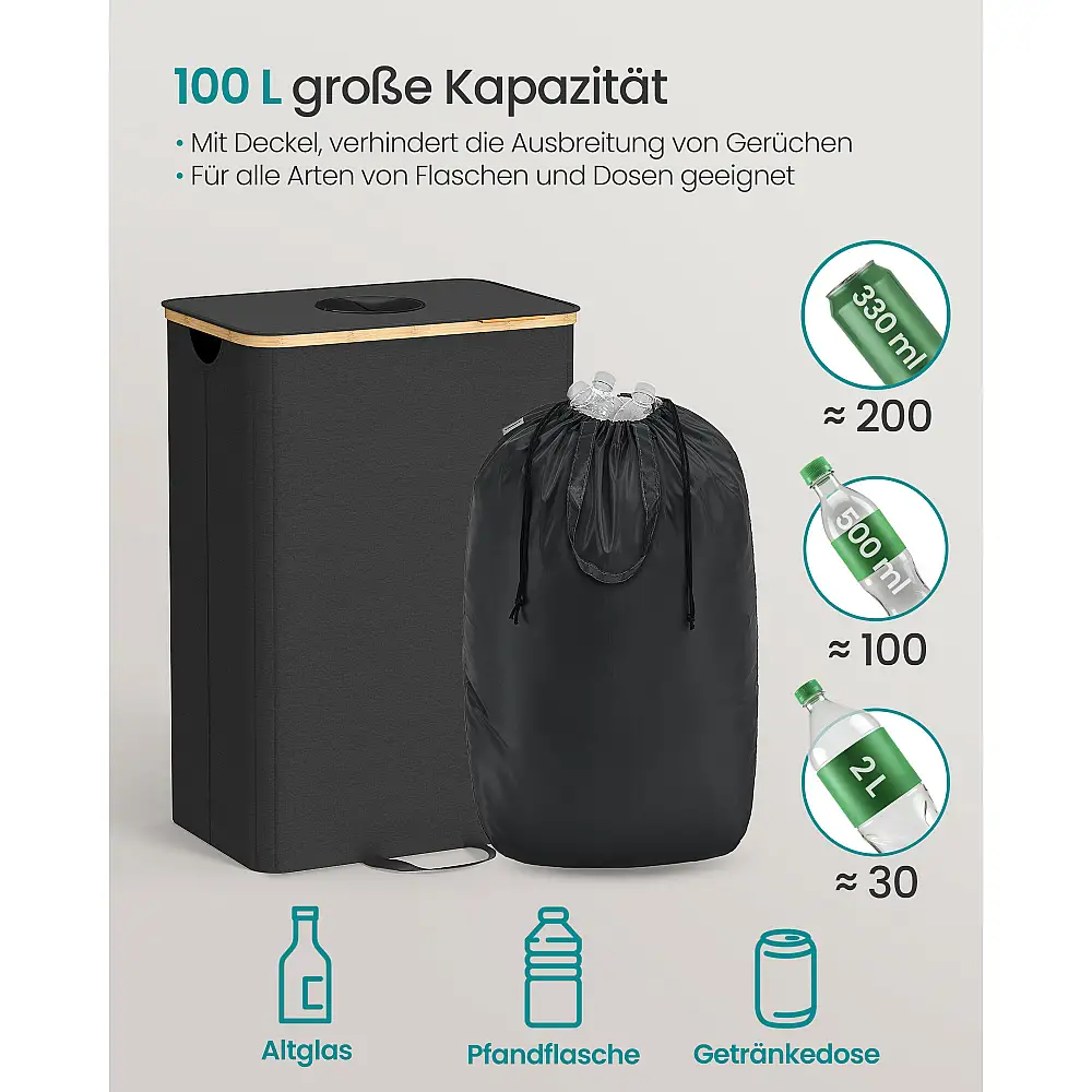 SONGMICS Κάδος Ανακύκλωσης Κουζίνας 100 Λίτρων με Εσωτερική Τσάντα και Χερούλια, Μαύρο-Μπεζ RRB509B01