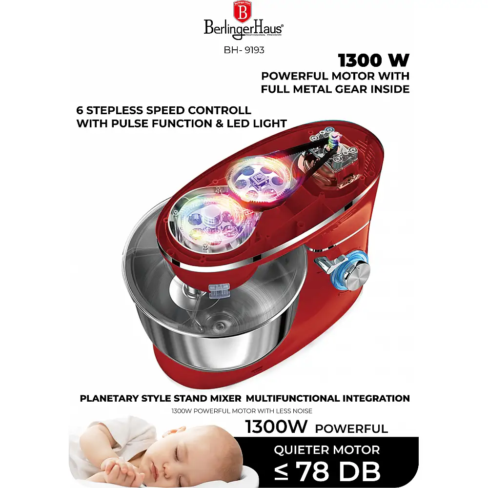 Berlinger Haus Κουζινομηχανή Μίξερ mixer 1300W με Ανοξείδωτο Κάδο 6L, Metallic Line Burgundy BH-9193