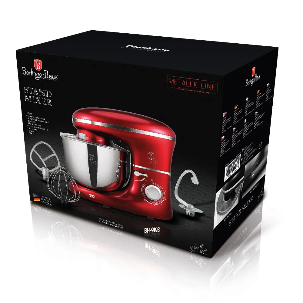 Berlinger Haus Κουζινομηχανή Μίξερ mixer 1300W με Ανοξείδωτο Κάδο 6L, Metallic Line Burgundy BH-9193