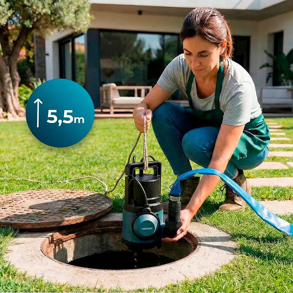 Cecotec Αντλία Ακάθαρτων Νερών Neptunus 400 Dark 400W, Παροχή έως 8.000 l/h, Μανομετρικό 5,5 m, Μέγιστο Σωματιδίων 25 mm, Φλοτεροδιακόπτης, IPX8, Καλώδιο 10 m & Νάιλον Σχοινί CEC-112769