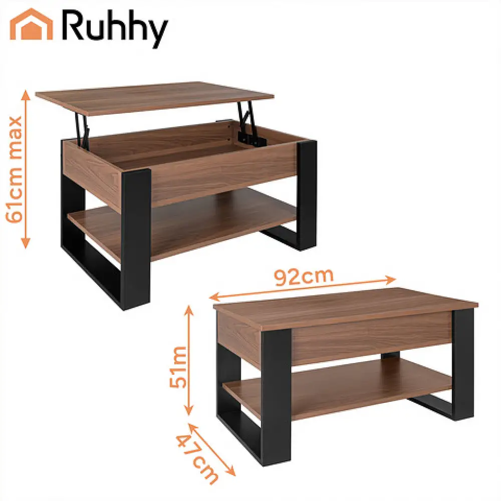 Ruhhy Τραπεζάκι Σαλονιού 92x51x47-61 cm με Ανακλινόμενη Επιφάνεια, Αποθηκευτικό Χώρο & Ράφι, Craft Oak/Μαύρο 27849