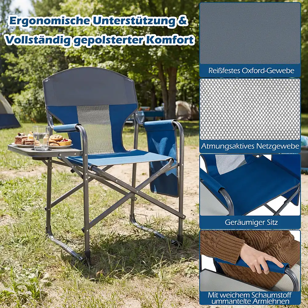 Costway Πτυσσόμενη Καρέκλα Σκηνοθέτη Camping με Πλαϊνό Τραπεζάκι, Τσέπη & Ποτηροθήκη, Μπλε, 101 x 50 x 83 εκ. NP12749NY