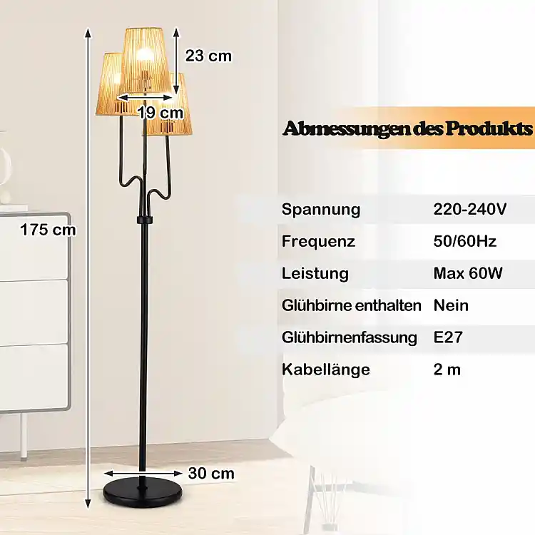 Costway Επιδαπέδιο Φωτιστικό 175 cm Τρίφωτο με Μεταλλική Βάση & Αμπαζούρ από Πλεκτό Χαρτί, 175 x 30 x 30 cm EU10185DE-DK