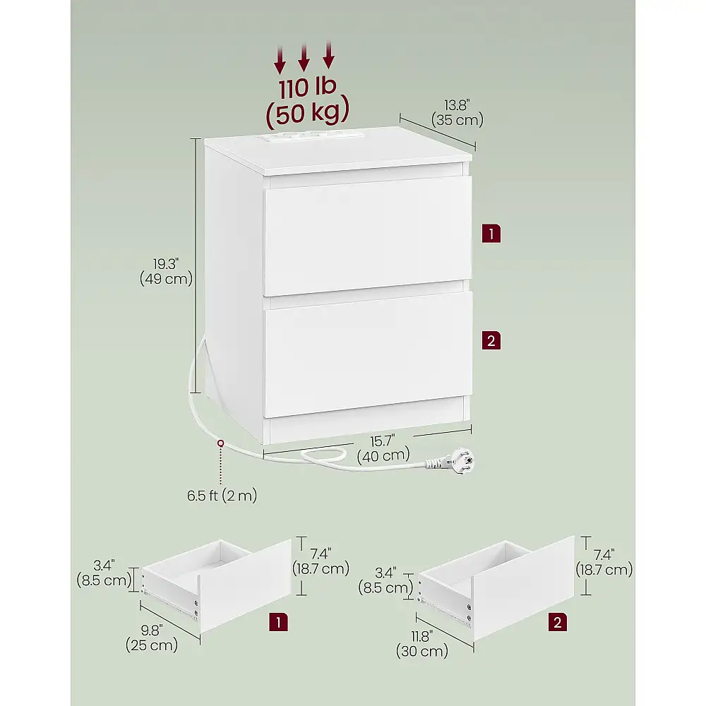 VASAGLE Σετ 2 Τεμαχίων KAILYN Κομοδίνο 35 x 40 x 49 εκ. με 2 Συρτάρια & Σταθμό Φόρτισης USB LET821W02
