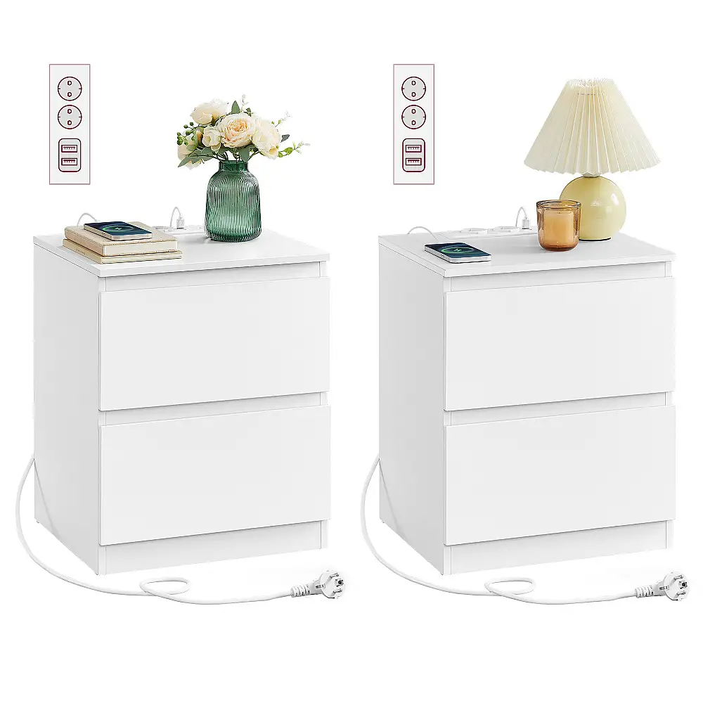 VASAGLE Σετ 2 Τεμαχίων KAILYN Κομοδίνο 35 x 40 x 49 εκ. με 2 Συρτάρια & Σταθμό Φόρτισης USB LET821W02