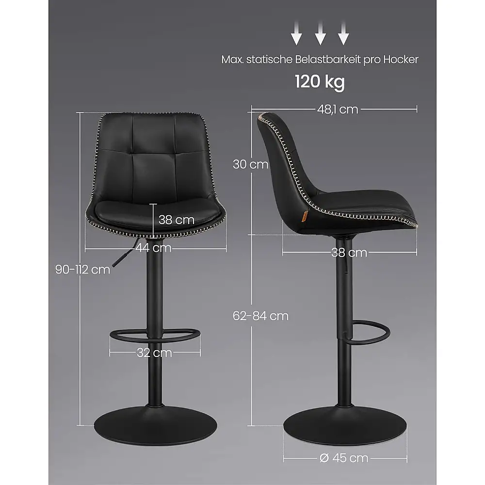 VASAGLE Σετ 2 Ρυθμιζόμενα Σκαμπό Bar 44 x 48 x 112 εκ. με Πλάτη & Περιστρεφόμενο Κάθισμα – Μαύρο LJB095B01