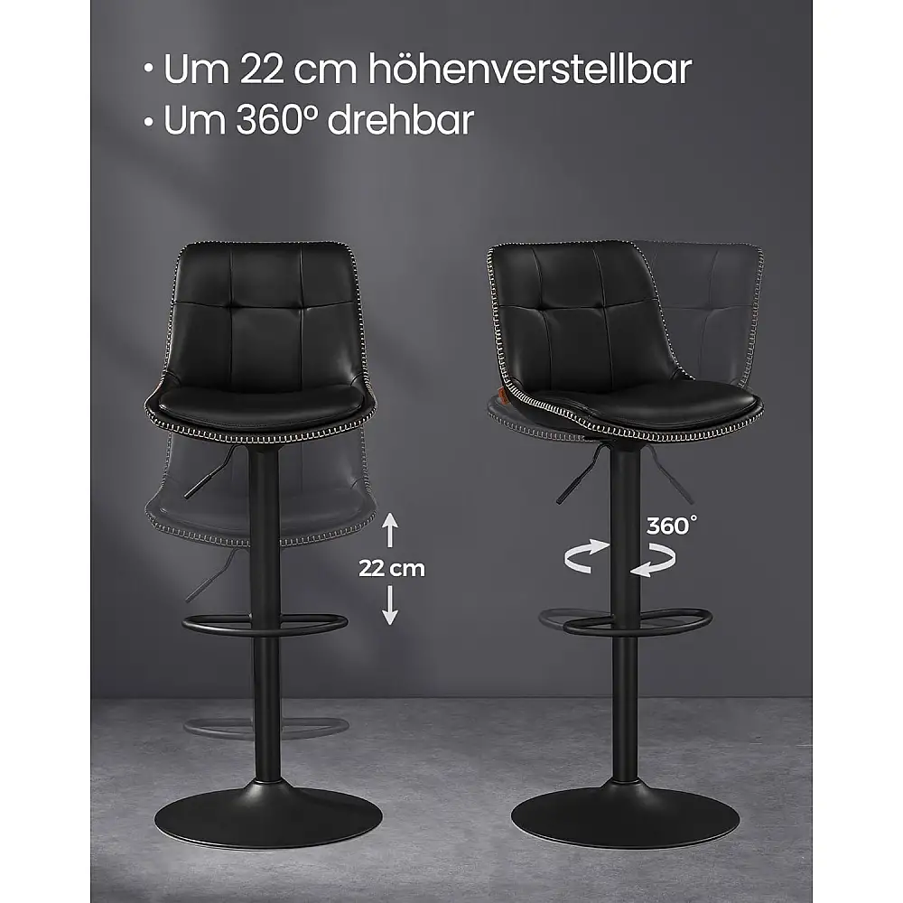 VASAGLE Σετ 2 Ρυθμιζόμενα Σκαμπό Bar 44 x 48 x 112 εκ. με Πλάτη & Περιστρεφόμενο Κάθισμα – Μαύρο LJB095B01