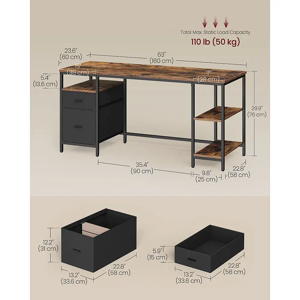VASAGLE Γραφείο Υπολογιστή 60 x 160 x 76 εκ με Αποθηκευτικούς Χώρους & Συρτάρια – Industrial Στυλ LWD105K01V1