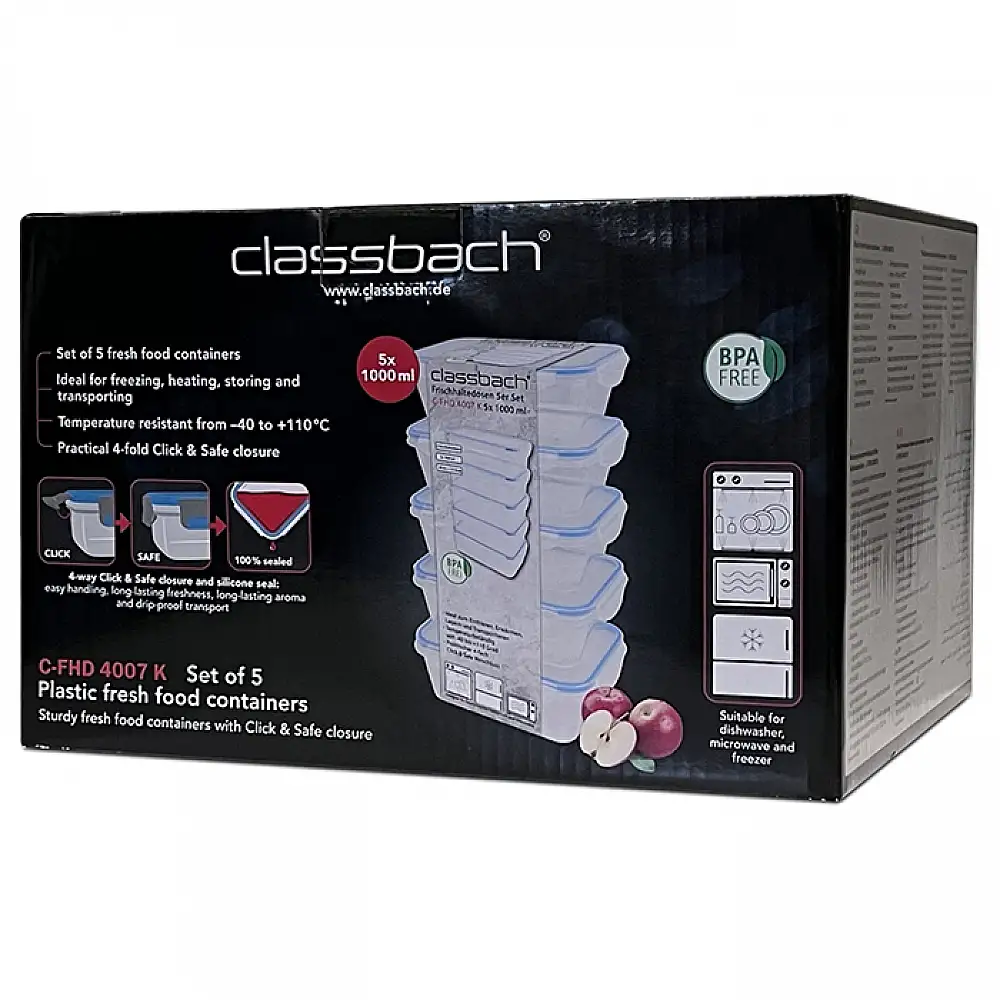 Σετ Φαγητοδοχεία 5 Τεμαχίων με Αεροστεγές Κλείσιμο - Διάφανο/Γαλάζιο C-FHD4007K CLASSBACH