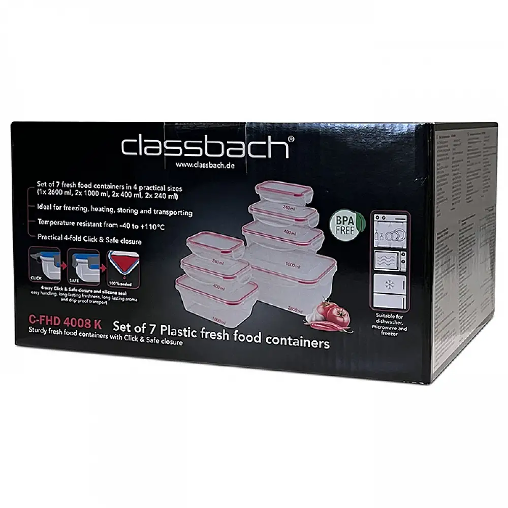 Σετ Φαγητοδοχεία 7 Τεμαχίων με Αεροστεγές Κλείσιμο - Διάφανο/Κόκκινο C-FHD4008K CLASSBACH