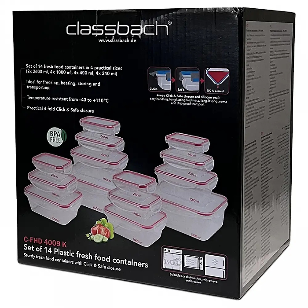 Σετ Φαγητοδοχεία 14 Τεμαχίων με Αεροστεγές Κλείσιμο - Διάφανο/Κόκκινο C-FHD4009K CLASSBACH